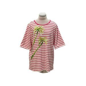 QUACKER FACTORY Hot Pink White Stripe Sequin Palm Tree Top LARGE Tropical Whimsy